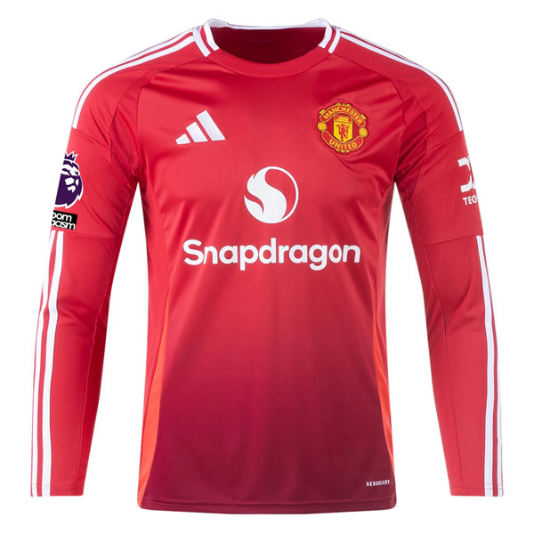 adidas Manchester United Rasmus Hojlund Long Sleeve Home Jersey w/ EPL + No Room For Racism Patches24/25 (Red)