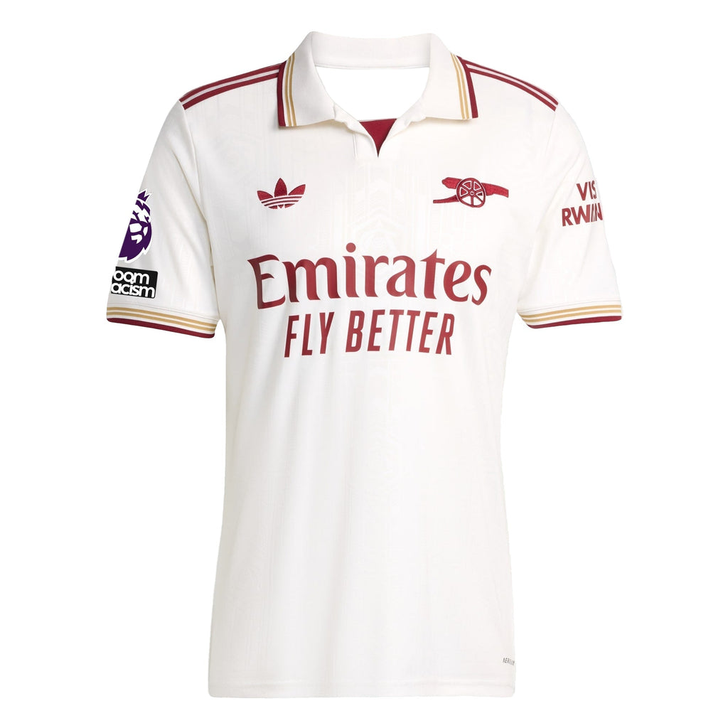 adidas Rice Men's Arsenal FC Third Jersey 25/26 w/ NRFR + EPL Patches (White/Burgundy)