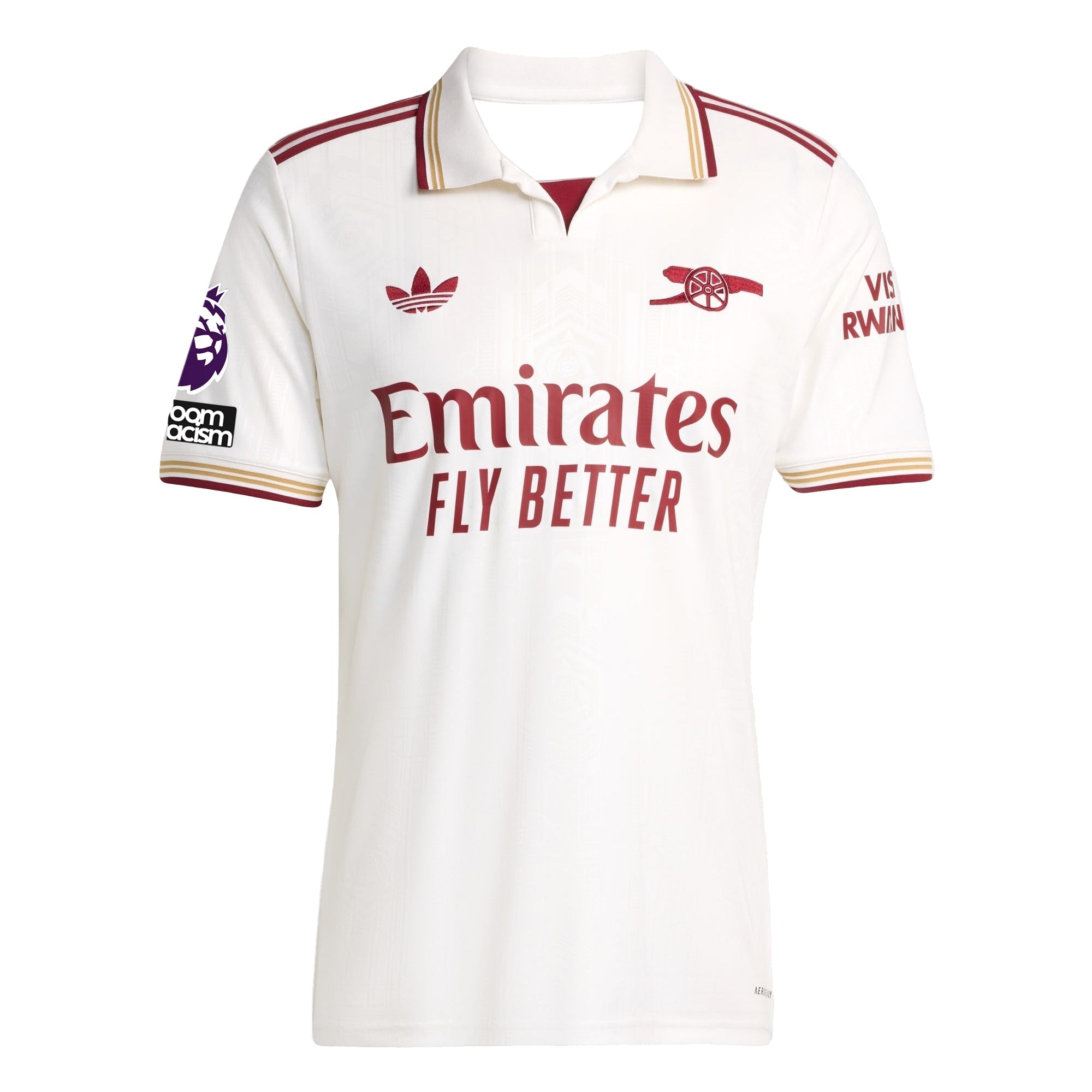 adidas Rice Men's Arsenal FC Third Jersey 25/26 w/ NRFR + EPL Patches (White/Burgundy)
