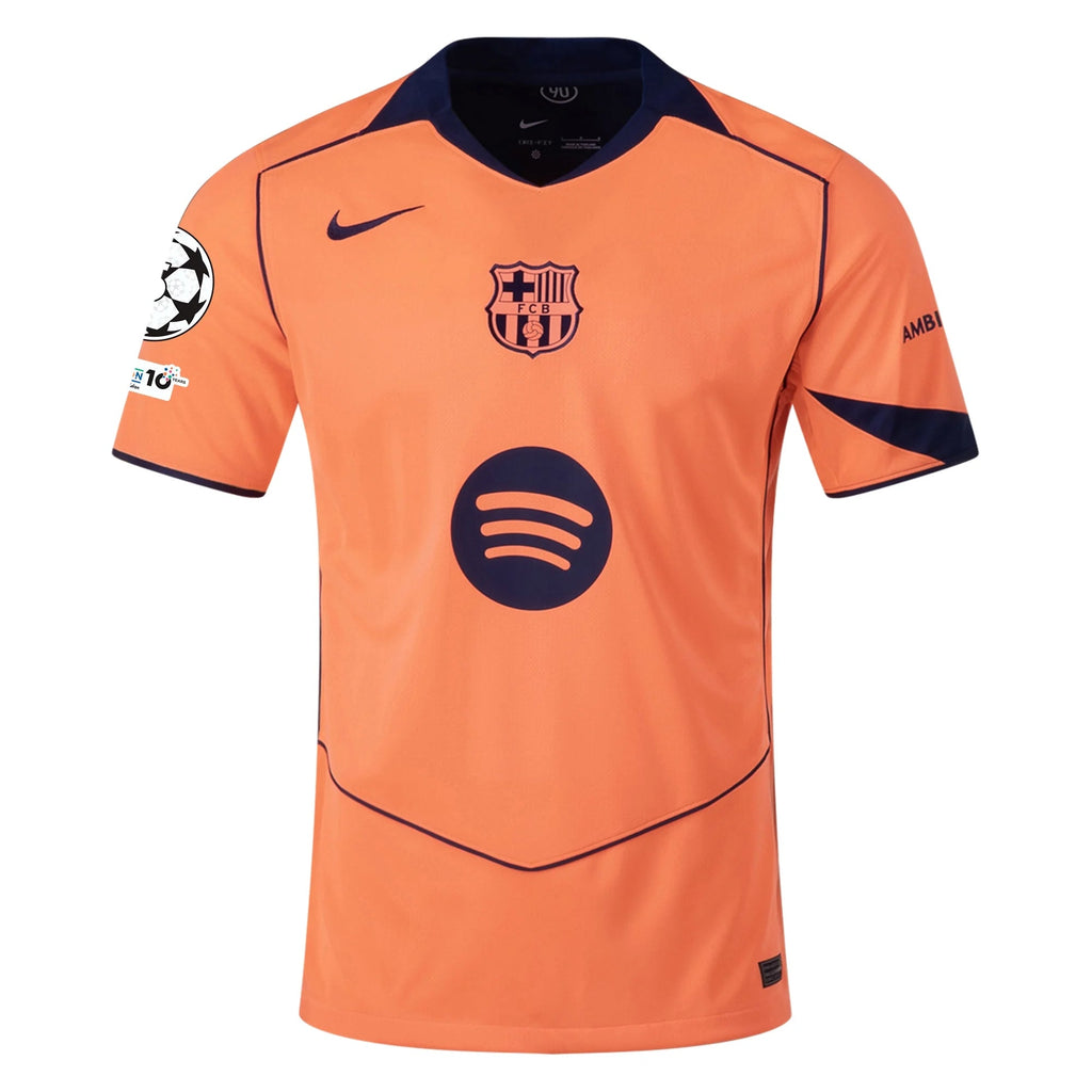 Nike Frenkie De Jong Men's FC Barcelona T90 Third Jersey 25/26 w/ Champions League Patches (Mango/Navy)