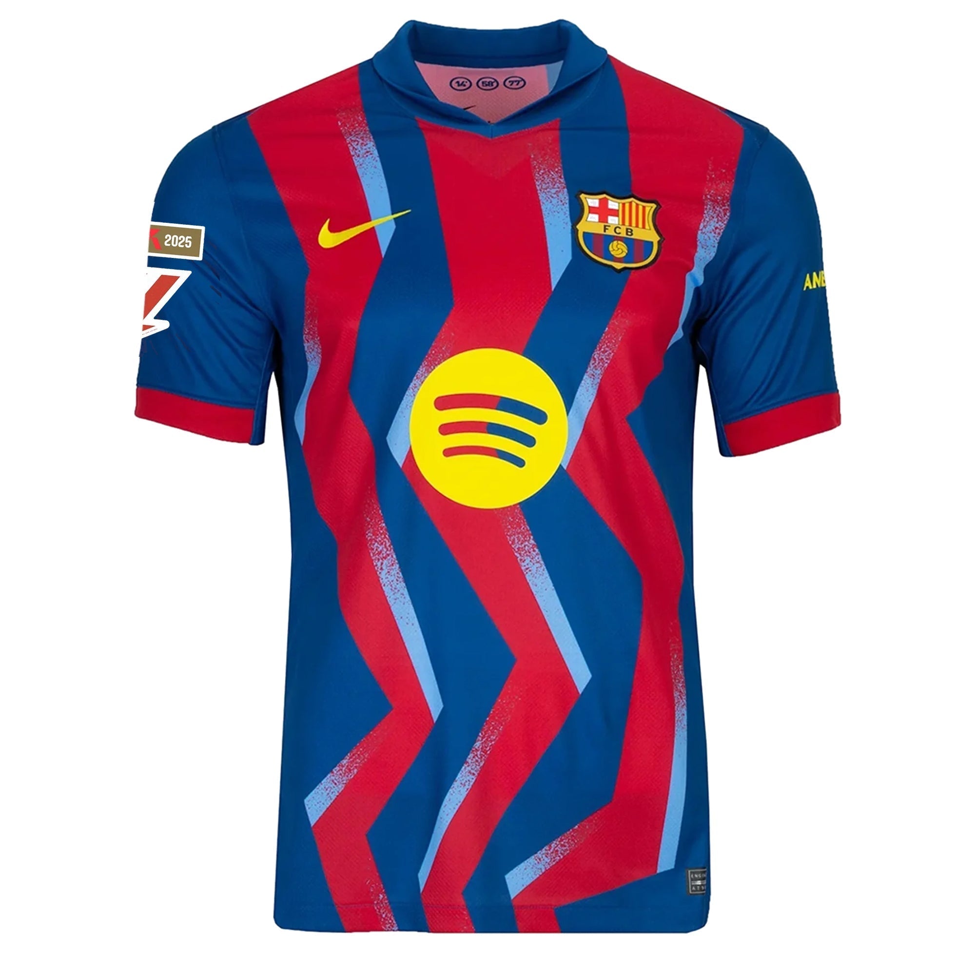 Nike Men's FC Barcelona Olmo 4th Jersey 25/26 w/ La Liga Patches (Blue/Red/Yellow)
