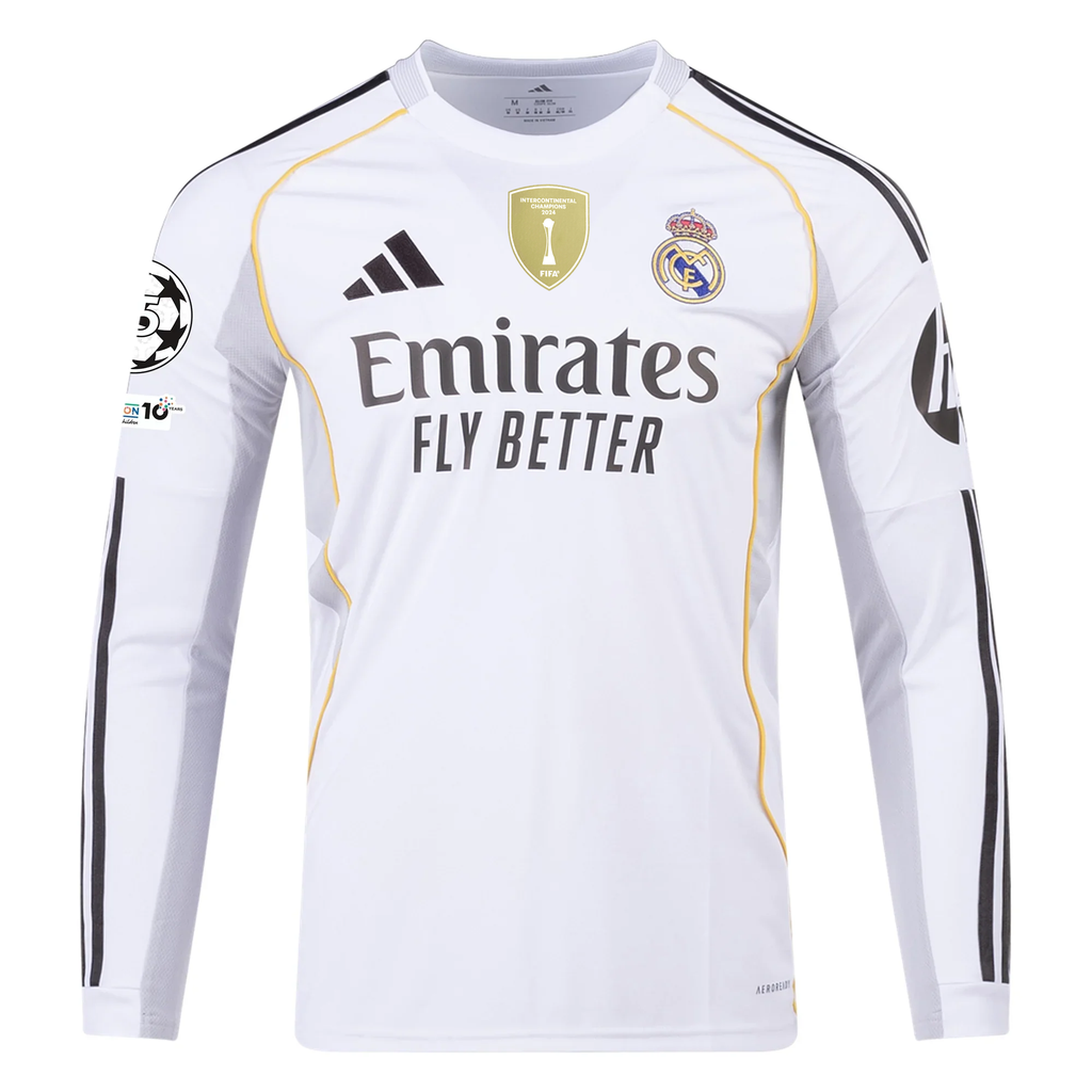 adidas Real Madrid Mbappe Long Sleeve Home Jersey w/ Intercontinental + Champions League Patches 25/26 (White)