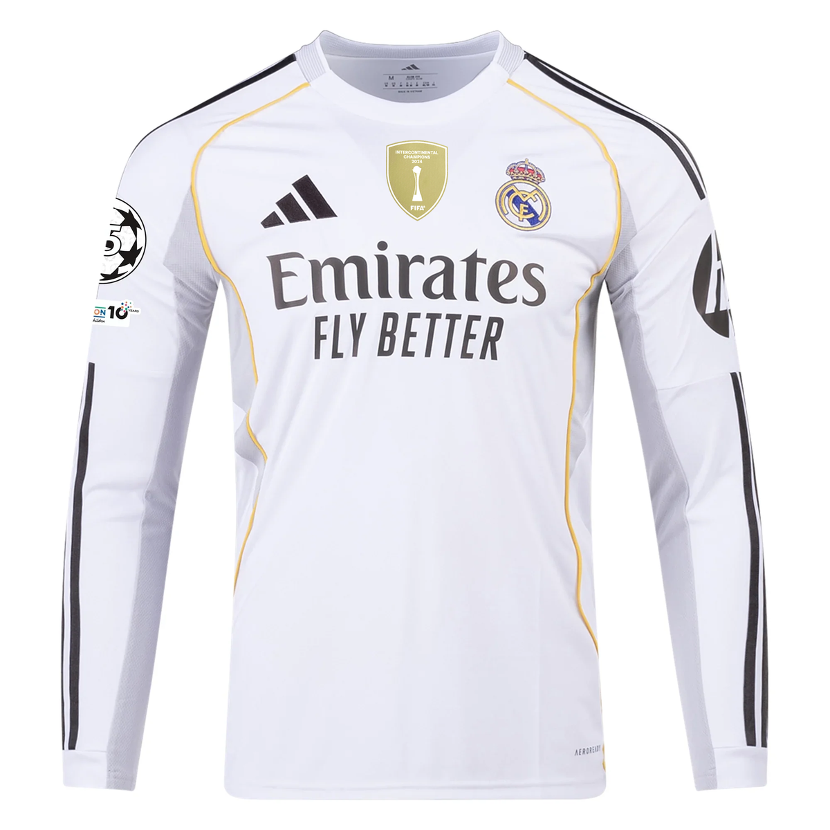 adidas Real Madrid Vini Jr Long Sleeve Home Jersey w/ Intercontinental + Champions League Patches 25/26 (White)