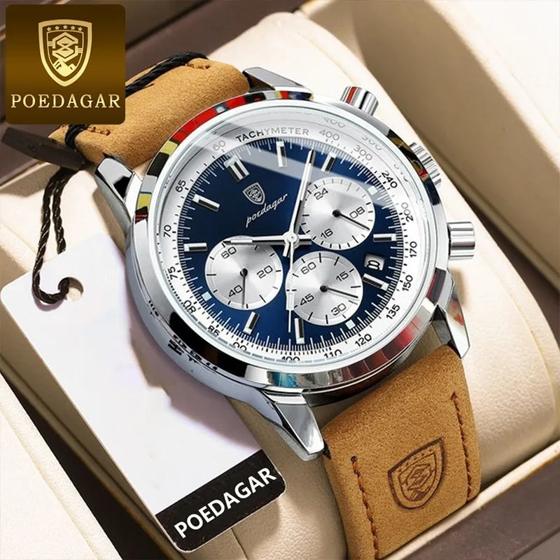 POEDAGAR Advanced waterproof calendar night light timer men's watch business luxury fashion men's leather watch