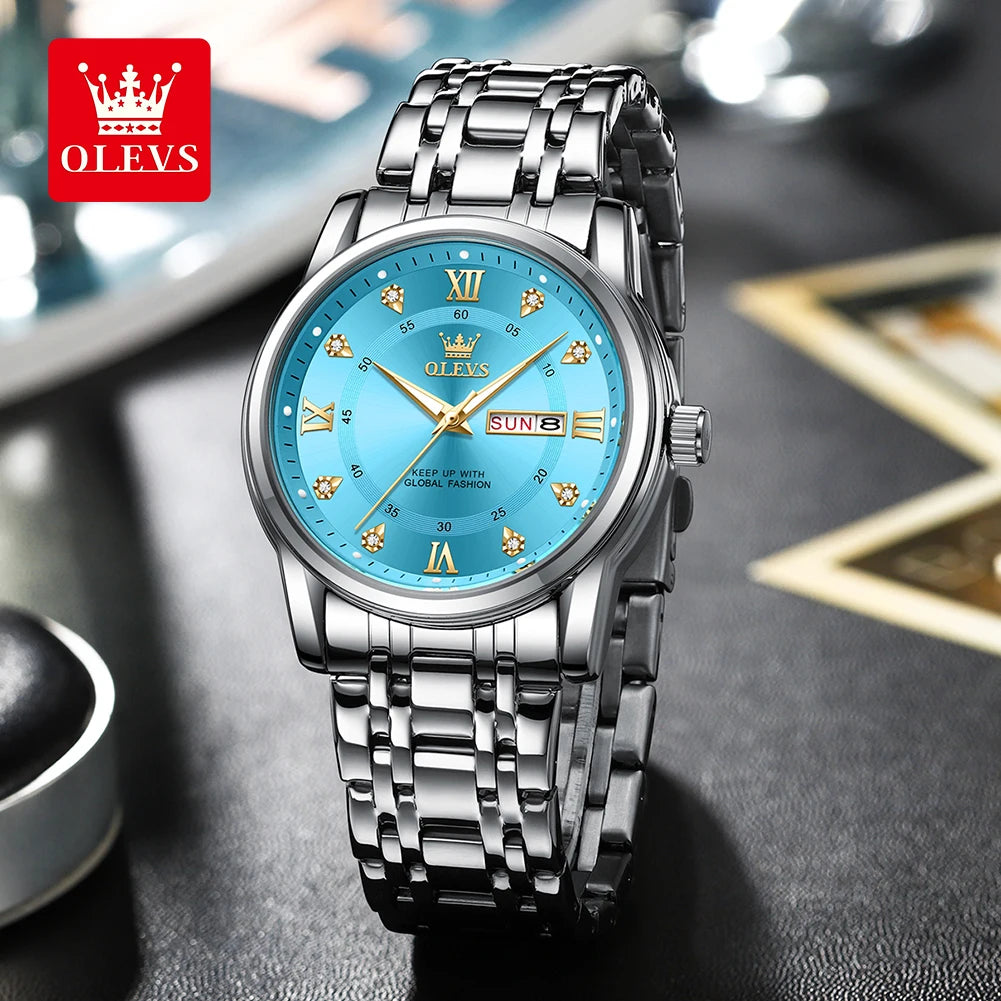 OLEVS 5513 Mens Watch Original Fashion Brand Quartz Waterproof Luminous Watch For Man Stainless Steel Dual Calendar Watch Box