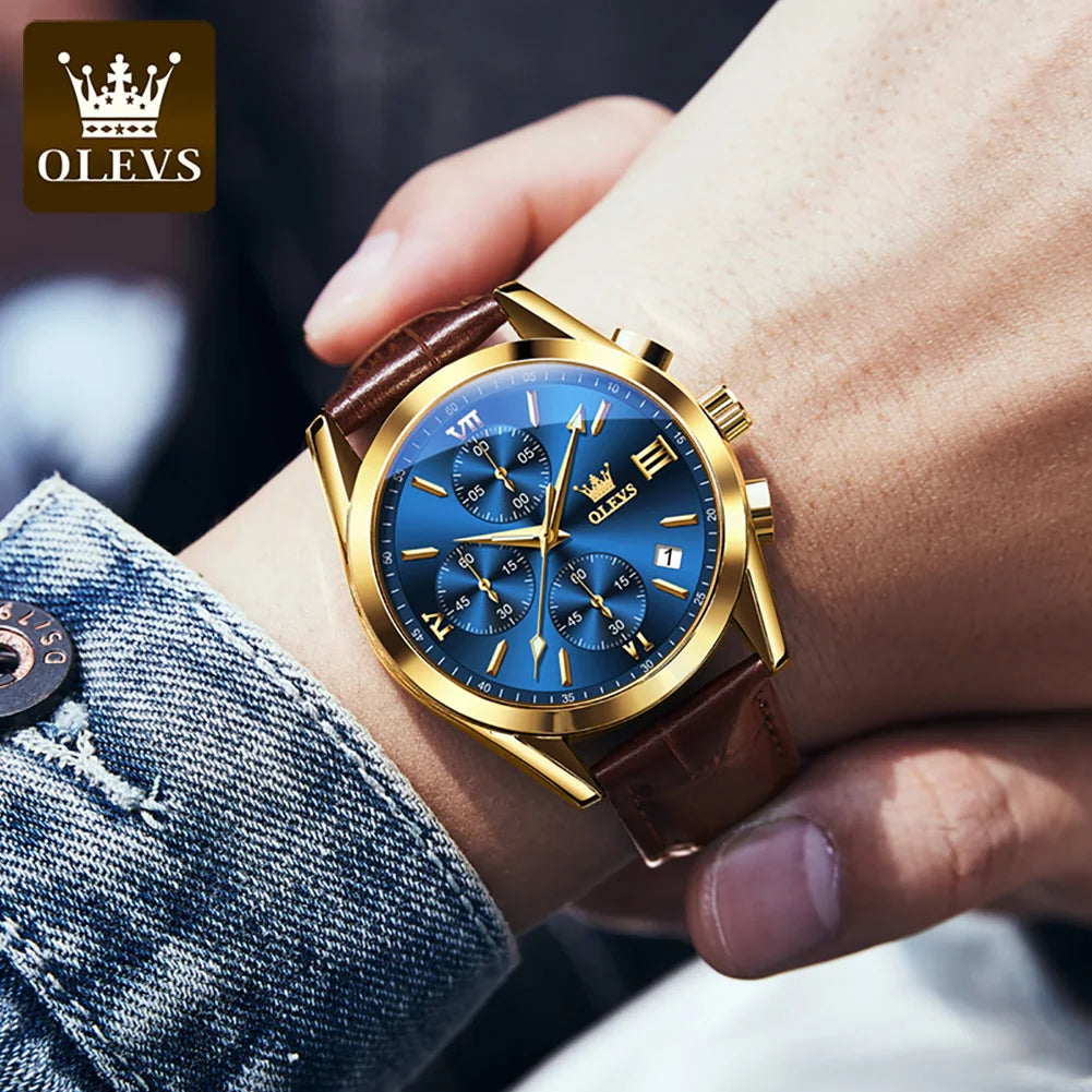 OLEVS 2872 Multifunctional Men's Watches Classic Leather Strap Watch Man
