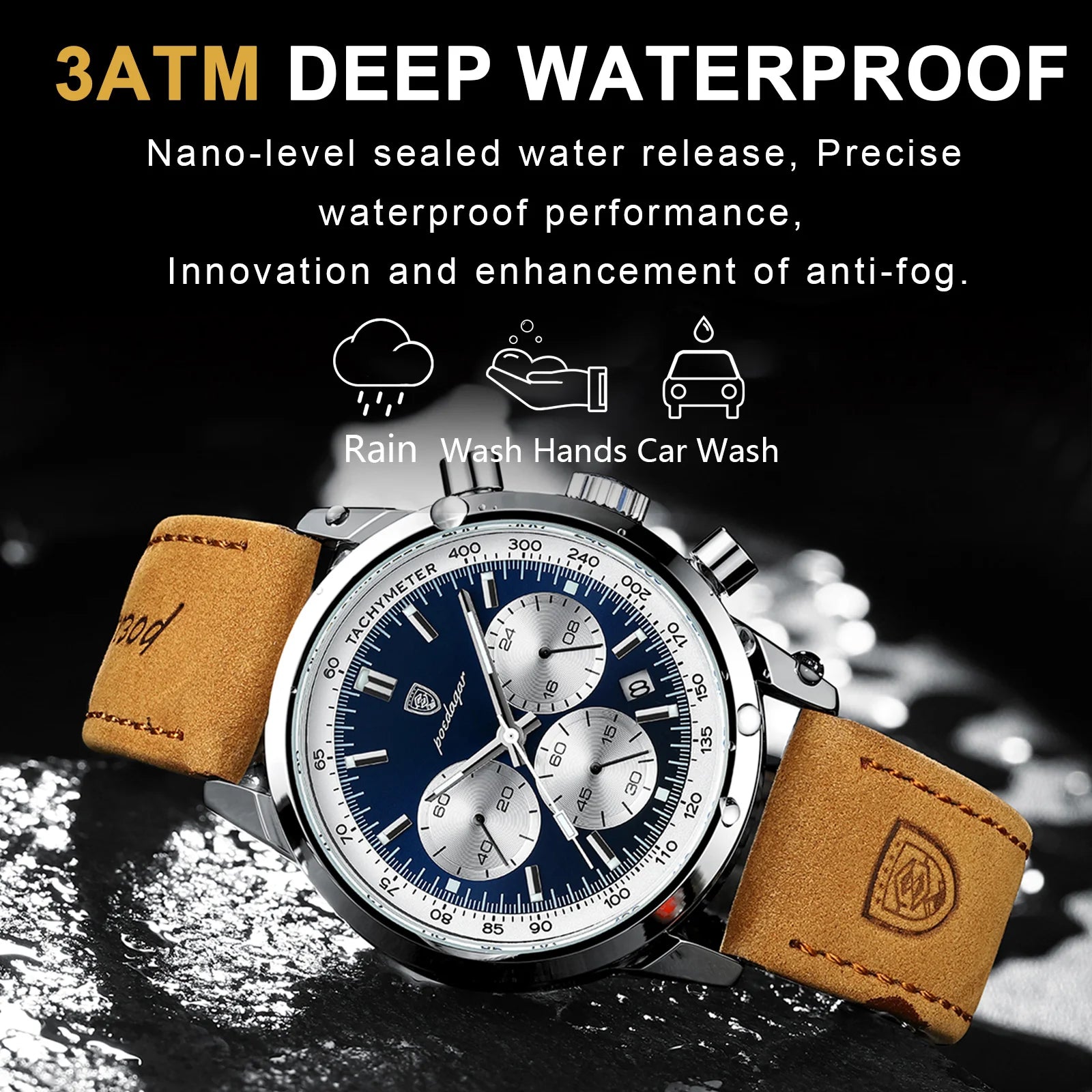 POEDAGAR Advanced waterproof calendar night light timer men's watch business luxury fashion men's leather watch