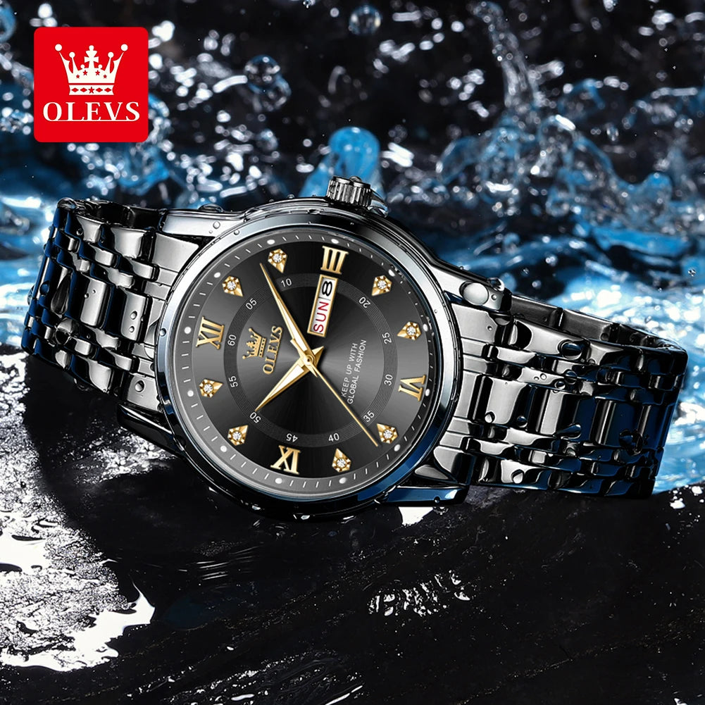 OLEVS 5513 Mens Watch Original Fashion Brand Quartz Waterproof Luminous Watch For Man Stainless Steel Dual Calendar Watch Box