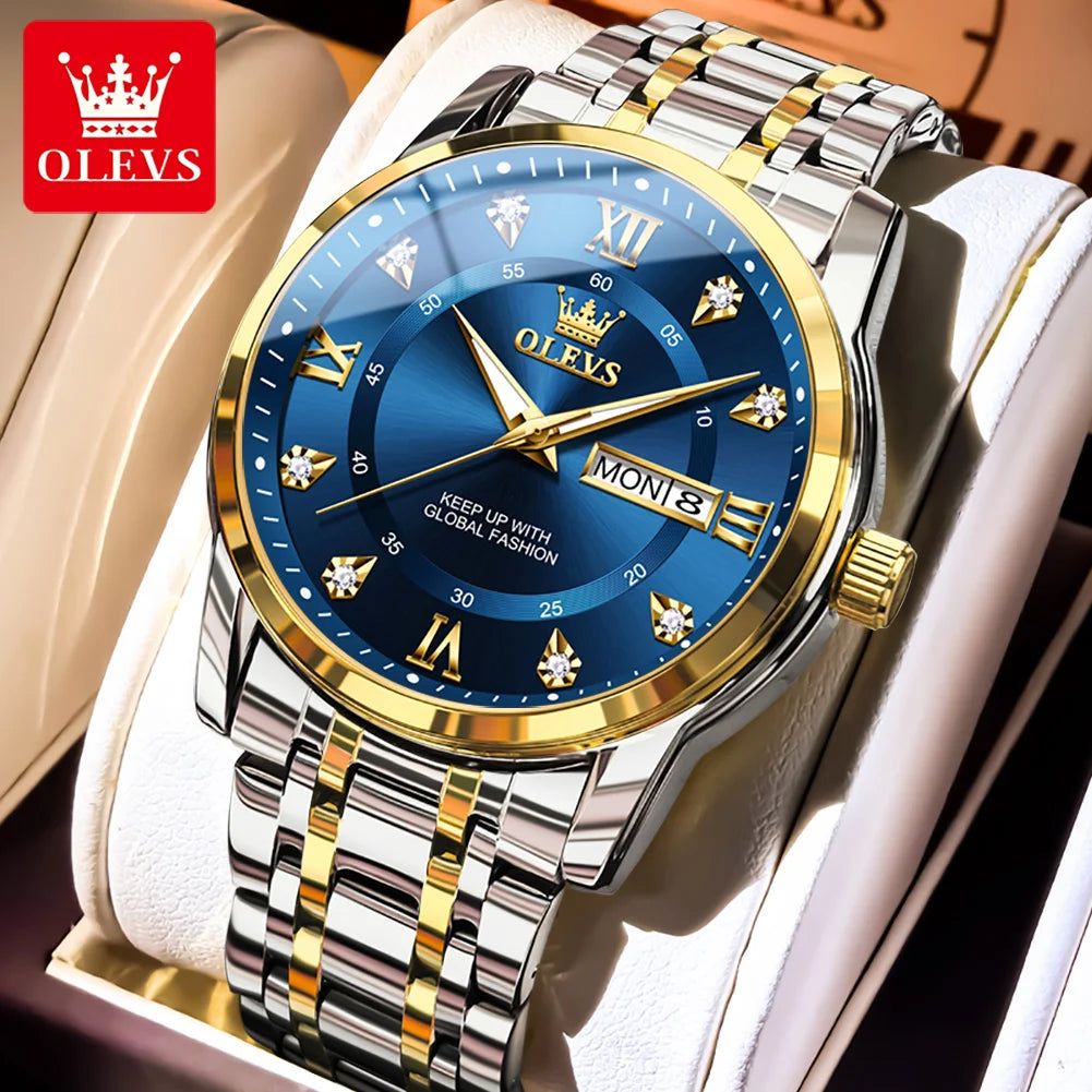 OLEVS 5513 Mens Watch Original Fashion Brand Quartz Waterproof Luminous Watch For Man Stainless Steel Dual Calendar Watch Box