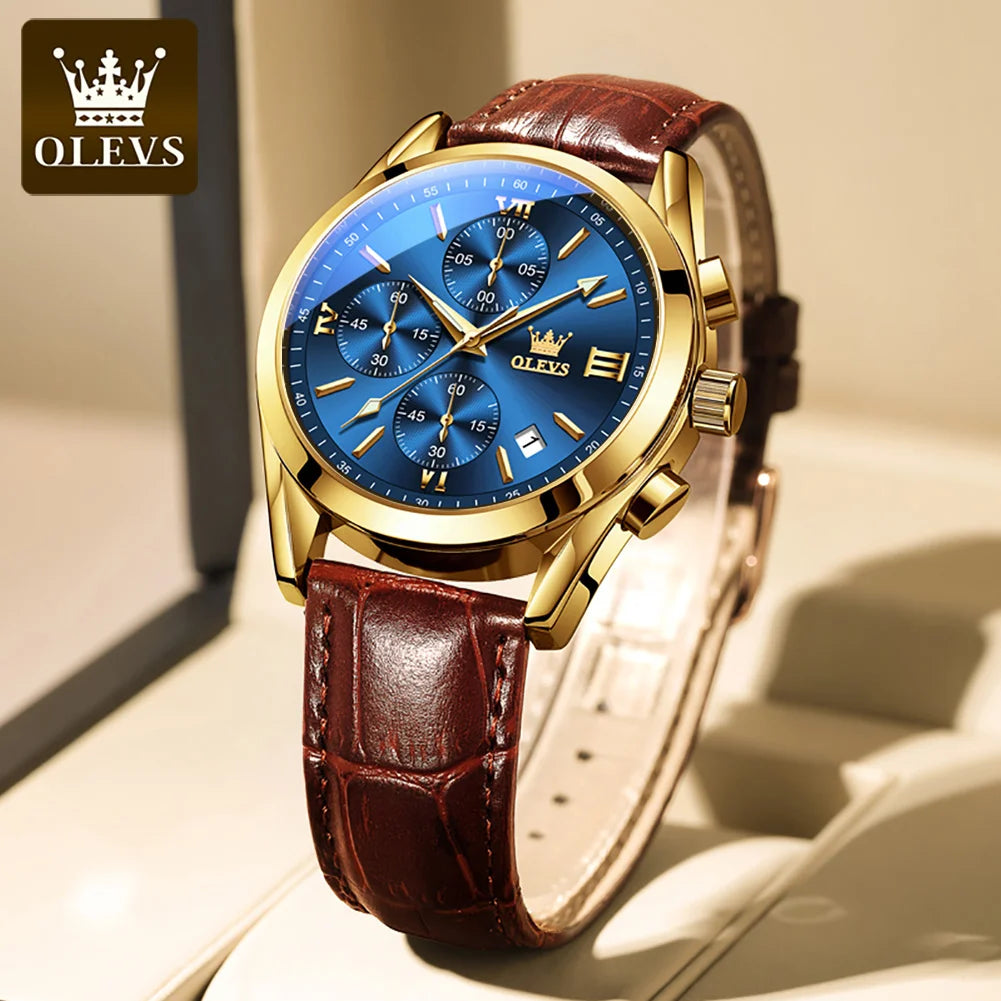 OLEVS 2872 Multifunctional Men's Watches Classic Leather Strap Watch Man