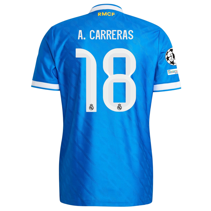 adidas Men's A. Carreras Real Madrid 25/26 Authentic Third Jersey w/ Champions League Patches (Blue)
