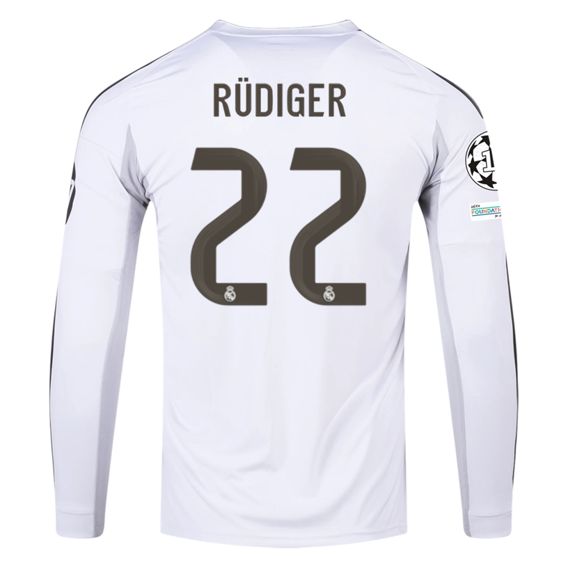 adidas Real Madrid Rudiger Long Sleeve Home Jersey w/ Intercontinental + Champions League Patches 25/26 (White)