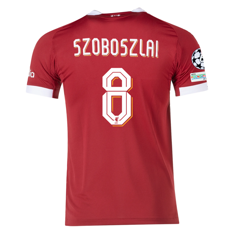 adidas Men's Liverpool FC Authentic Szoboszlai Home Jersey 25/26 w/ Champions League Patches (Strawberry Red)