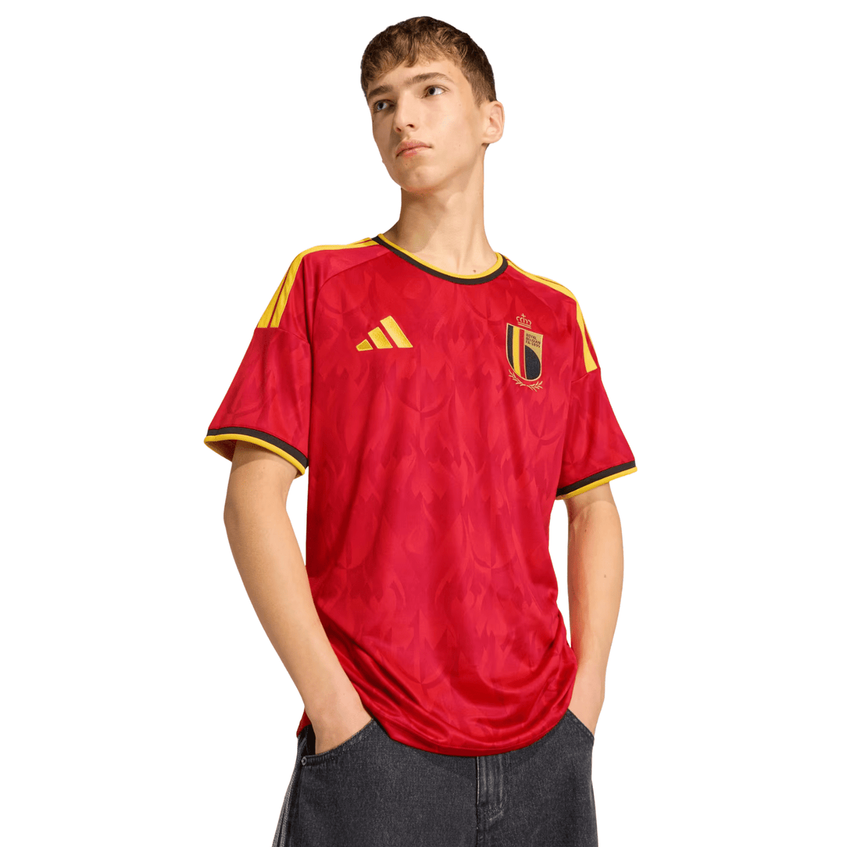 adidas Men's Belgium Jérémy Doku Home Jersey 2026 (Red/Bold Gold)