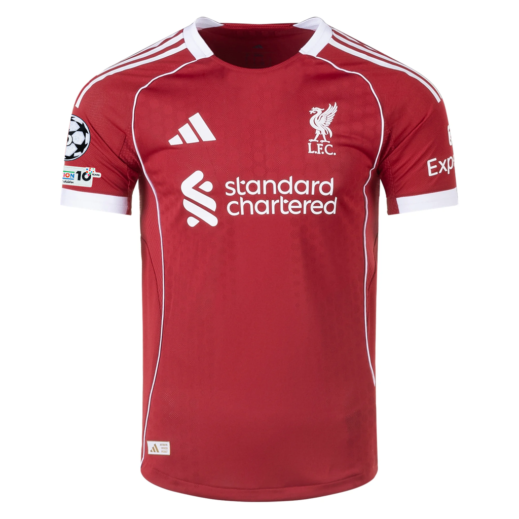 adidas Men's Liverpool FC Authentic Szoboszlai Home Jersey 25/26 w/ Champions League Patches (Strawberry Red)