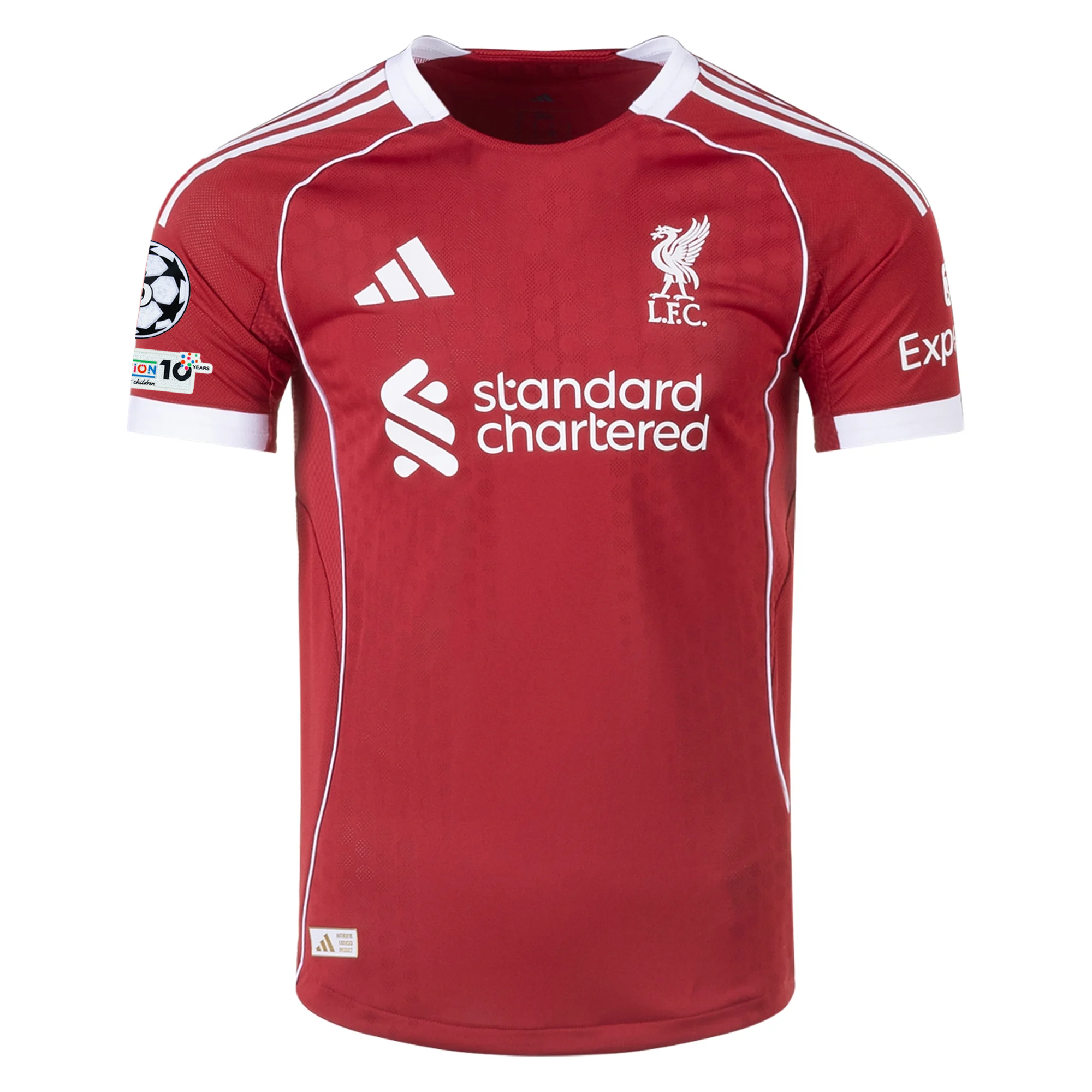 adidas Men's Liverpool FC Authentic Frimpong Home Jersey 25/26 w/ Champions League Patches (Strawberry Red)