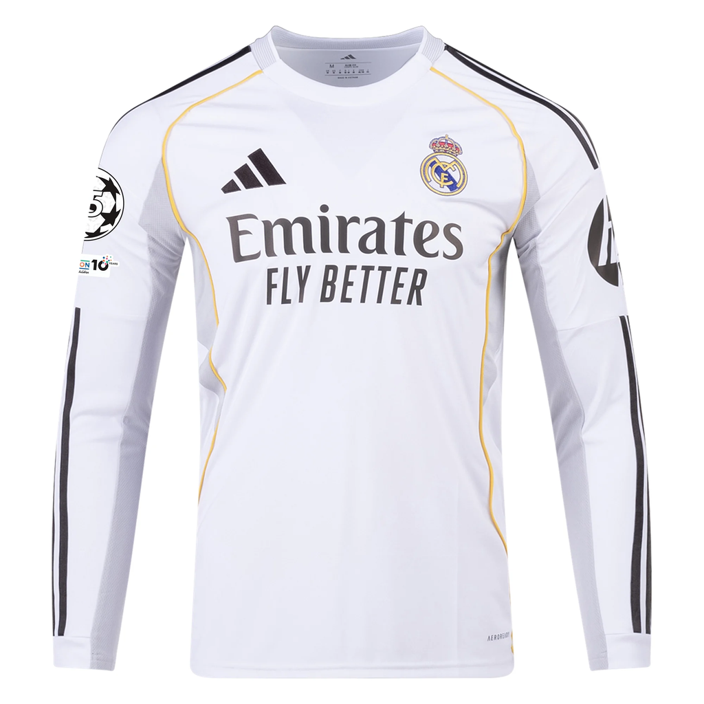 adidas Real Madrid Federico Valverde Long Sleeve Home Jersey w/ Champions League Patches 25/26 (White)