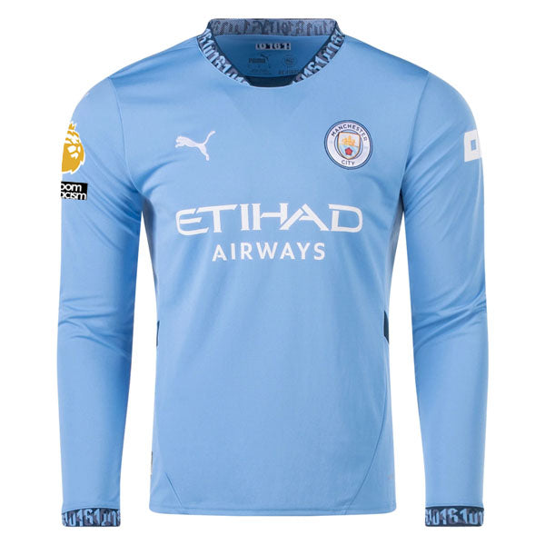 Puma Manchester City John Stones Home Long Sleeve Jersey w/ EPL + No Room For Racism Patch 24/25 (Team Light/Marine Blue)