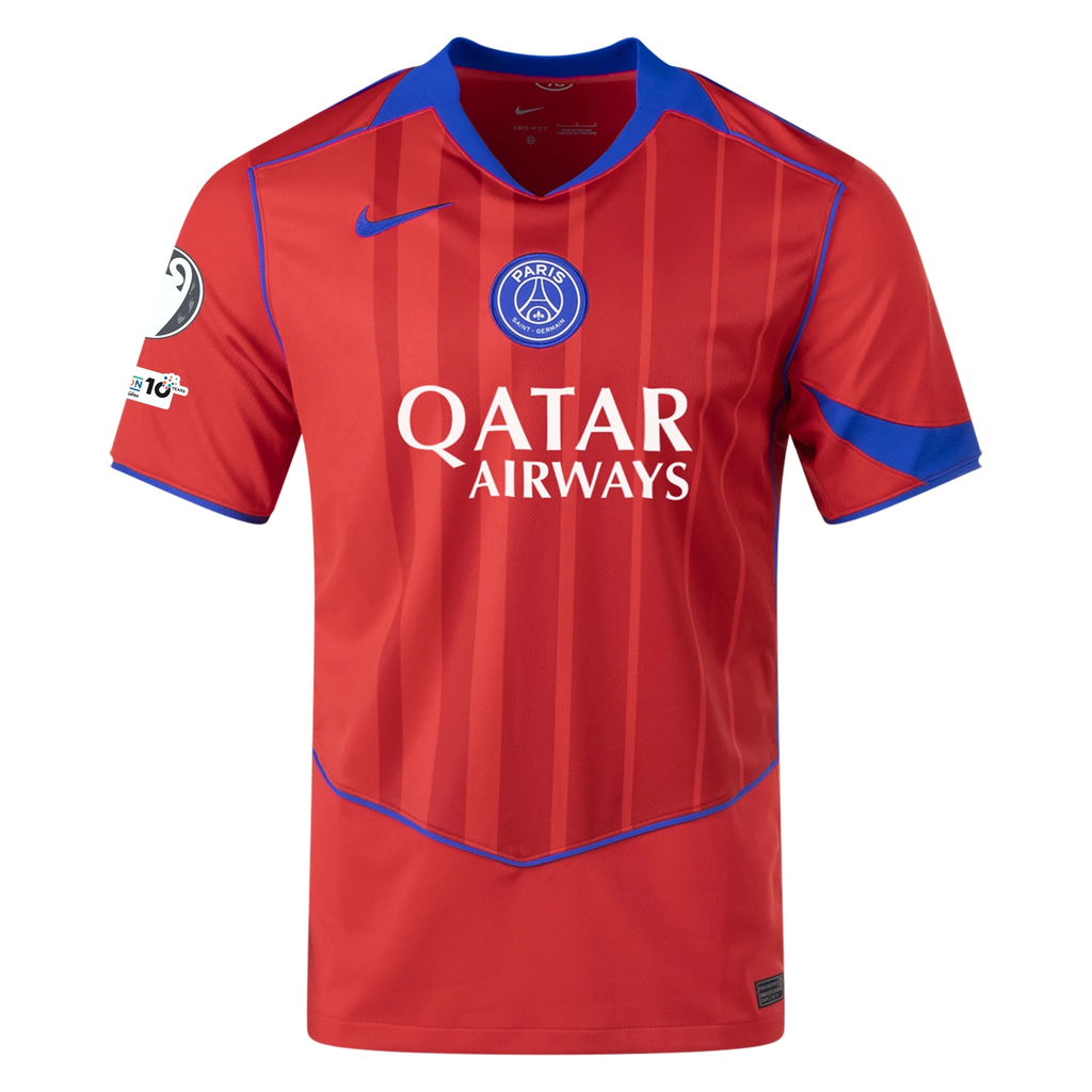 Nike Men's Paris Saint-Germain Ousmane Dembele T90 Third Jersey w/ Champions League Patches 25/26 (Sport Red/Hyper Royal)